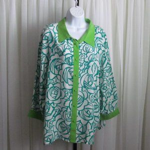 Bob Mackie Wearable Art Silk Blouse Green White 3X
